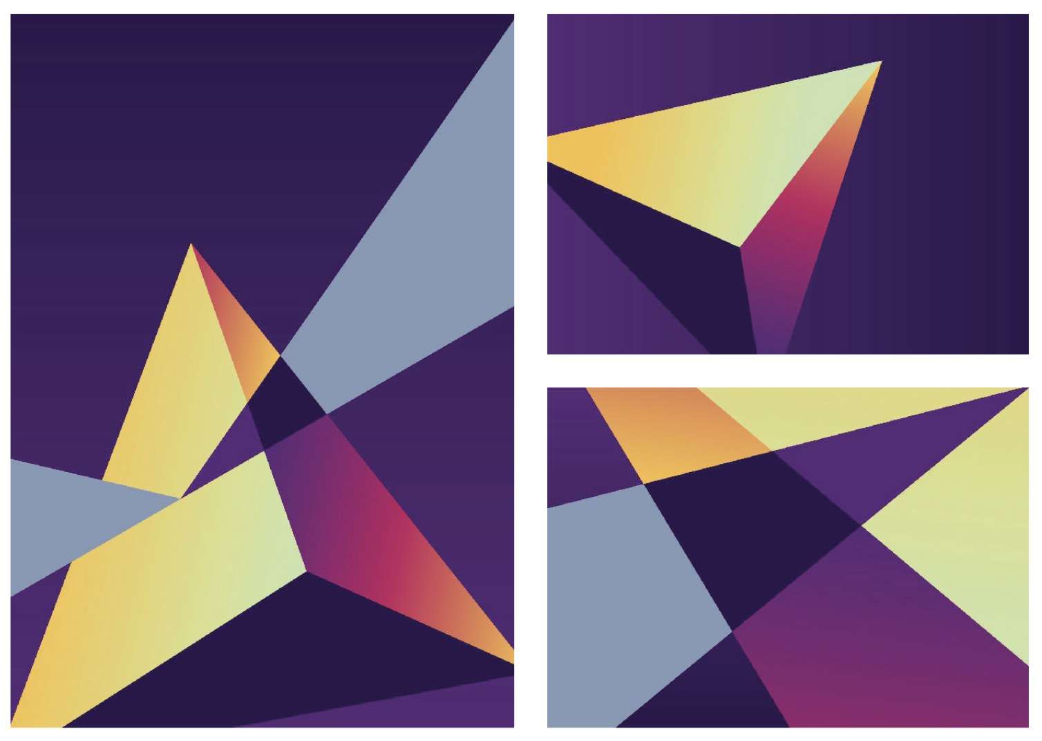 Overlapping purple, yellow and blue triangles forming an abstract geometric identity