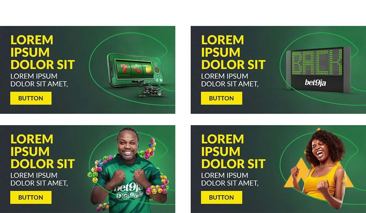 Four green Bet9ja banners with fans and players, bold headlines and yellow buttons