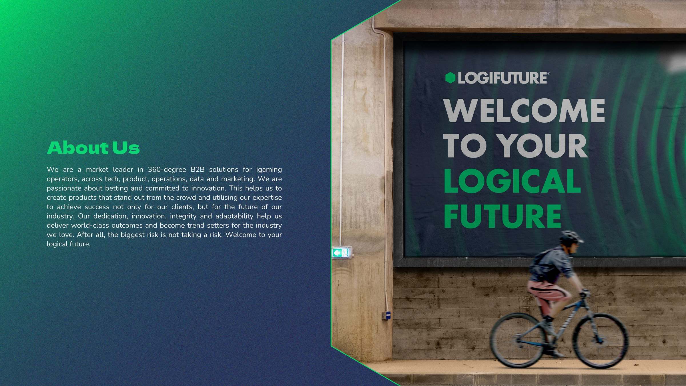 Billboard mock-up reading Welcome to your logical future, with a cyclist passing in front
