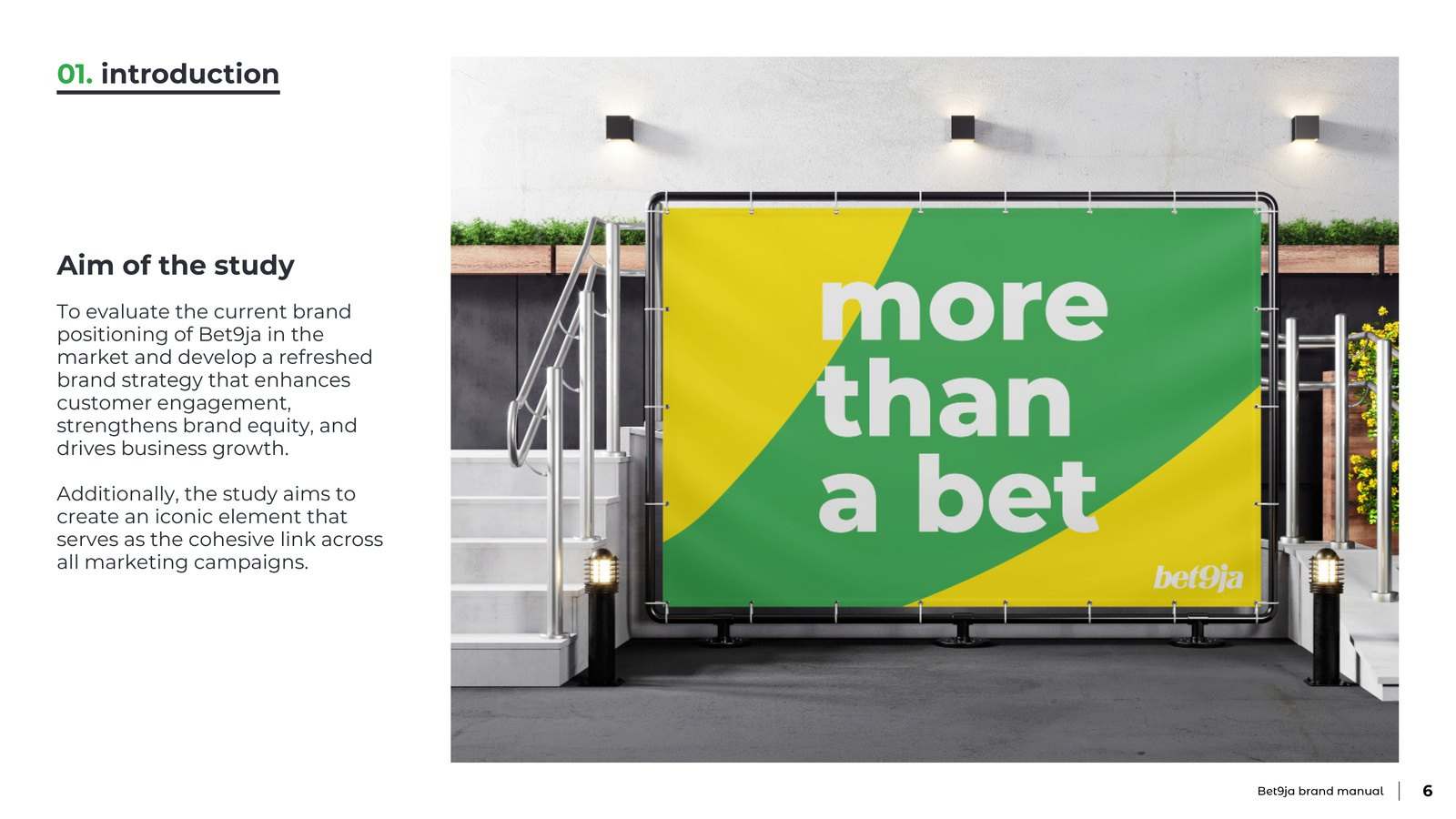 Brand manual page with a green and yellow billboard reading more than a bet in a train station