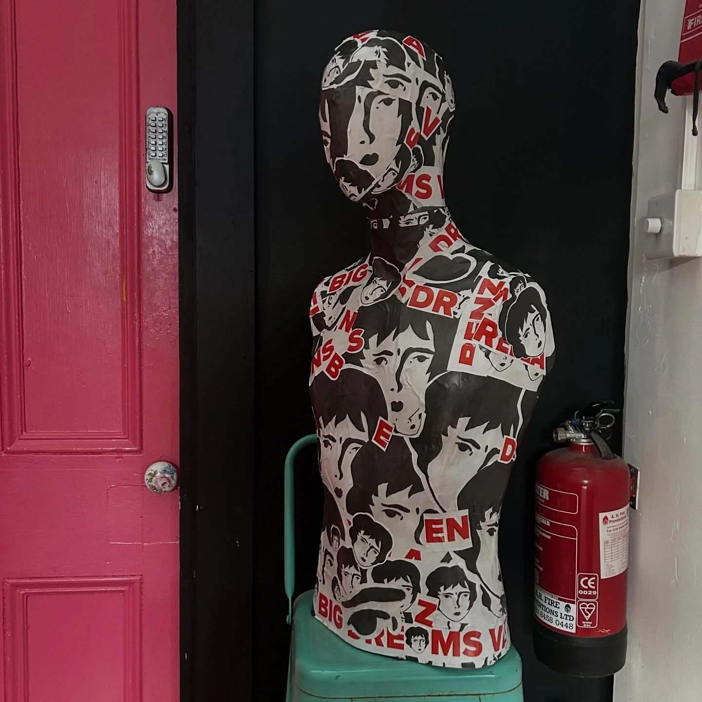 A mannequin torso covered in Benzorella graphics