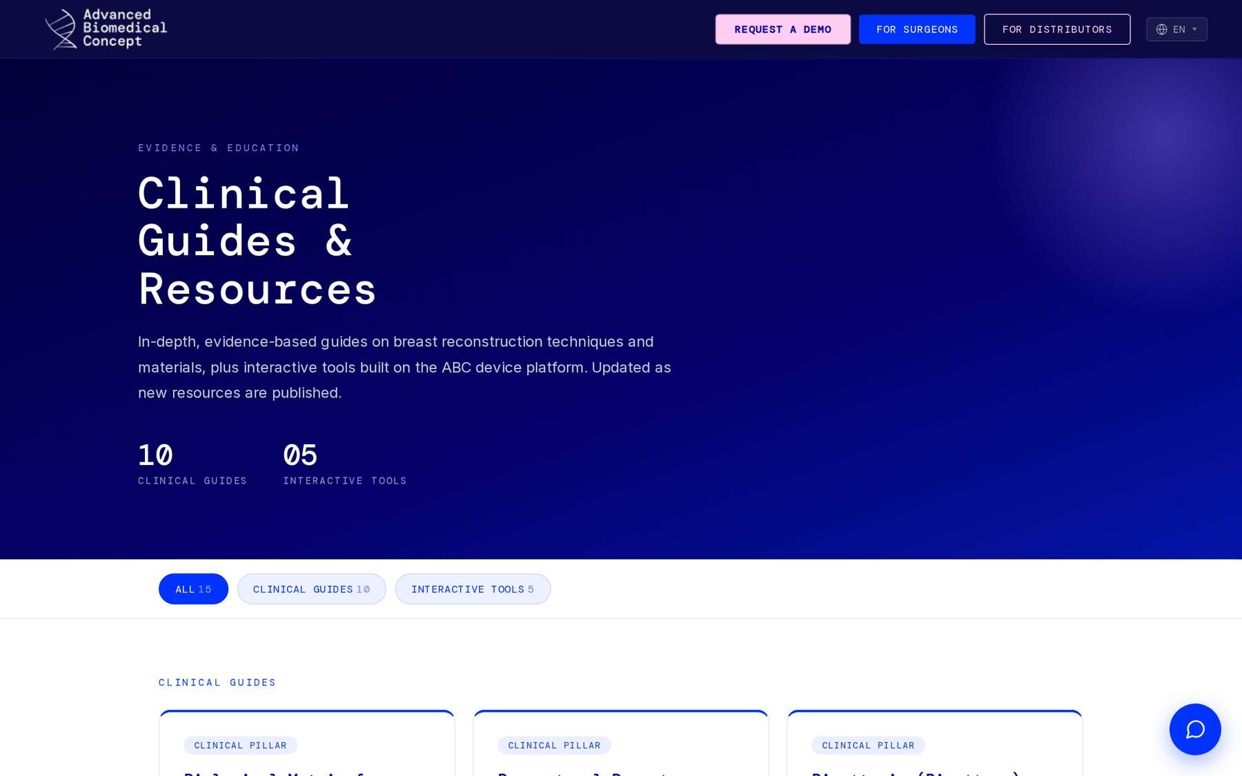 ABC Clinical Guides and Resources hub on dark navy, with guides and interactive tools