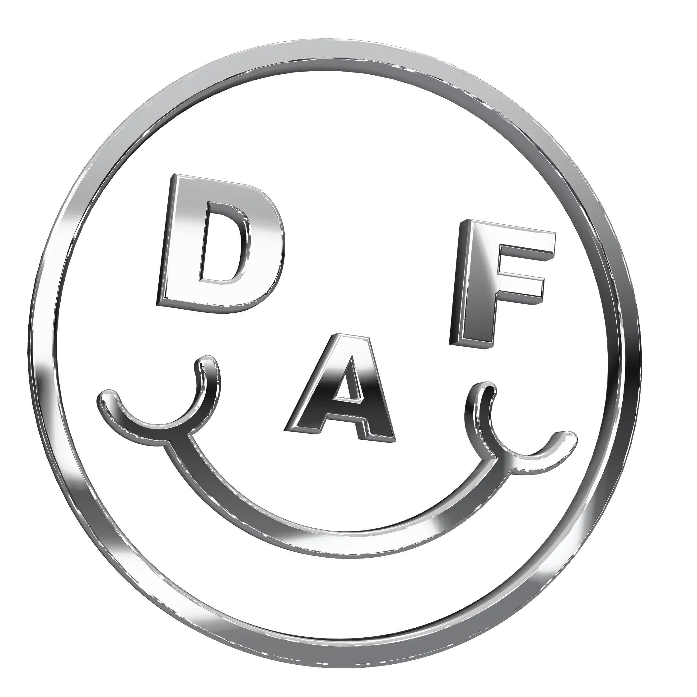 The DAF smiley mark as a cut-out polished chrome badge