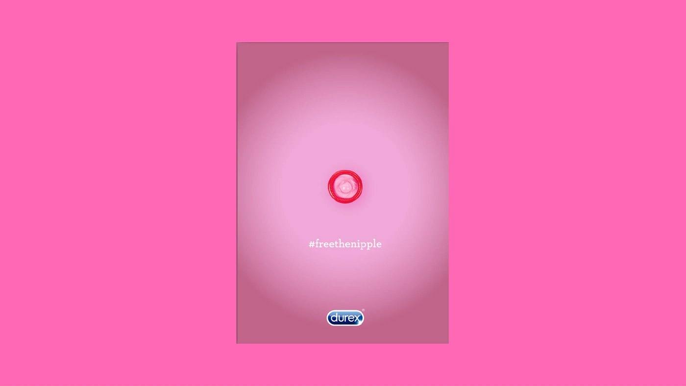Spec Durex poster: pink field, condom ring as nipple, #freethenipple