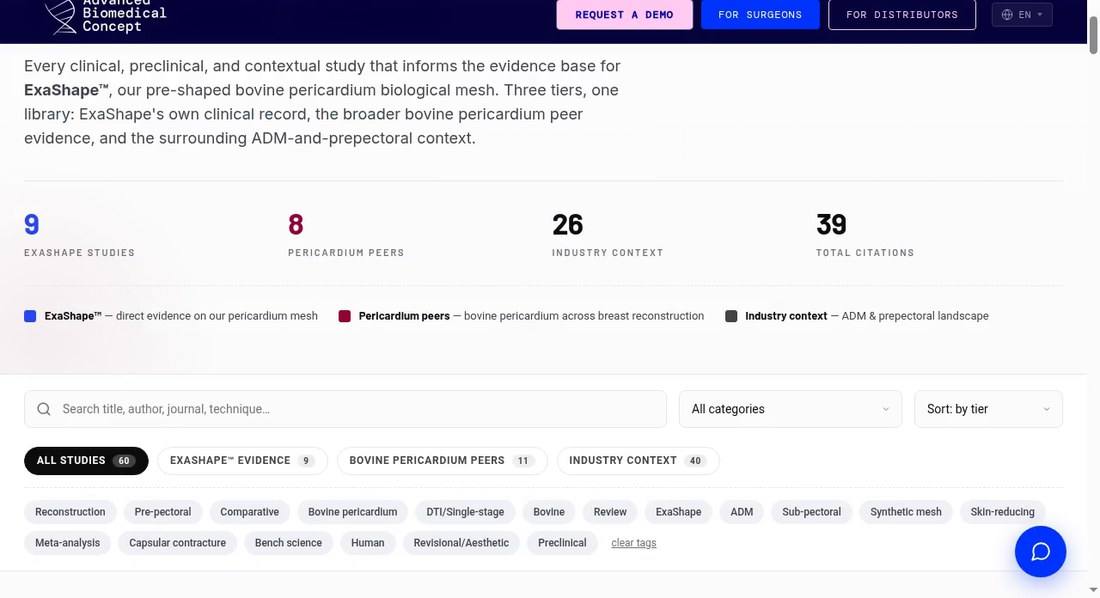 ExaShape Evidence Library with study counts and filters