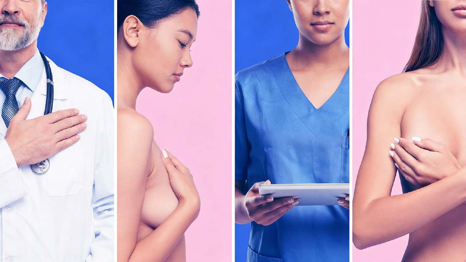 A strip of ABC imagery, a surgeon, patients and clinicians set against pink and blue