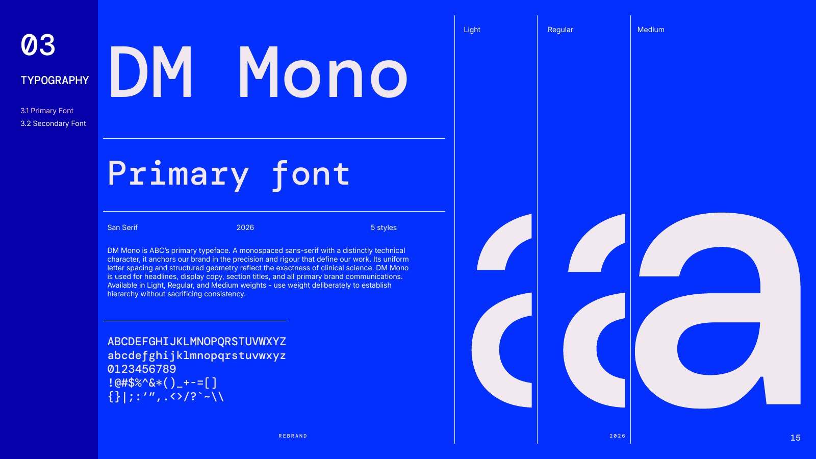 Guidelines page for DM Mono, the primary typeface, with a large blue lowercase a