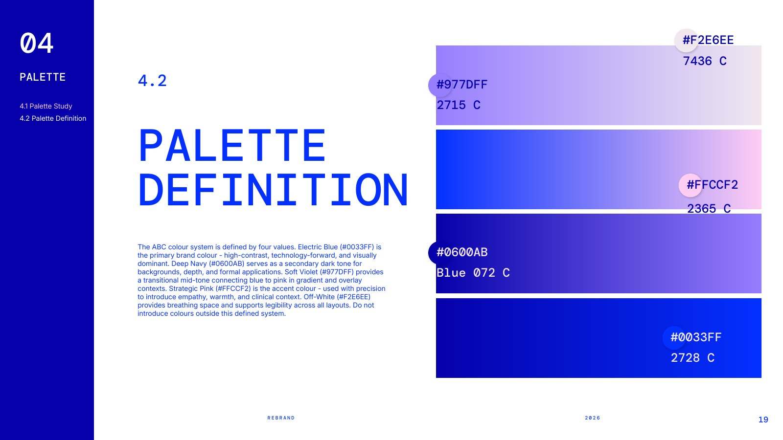 Palette definition page with swatches of electric blue, deep navy, soft violet, pink and off-white
