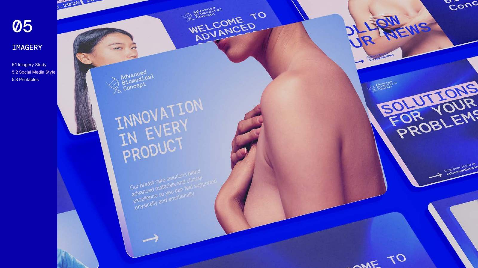 ABC social media posts in electric blue, with the headline Innovation in every product over a soft portrait