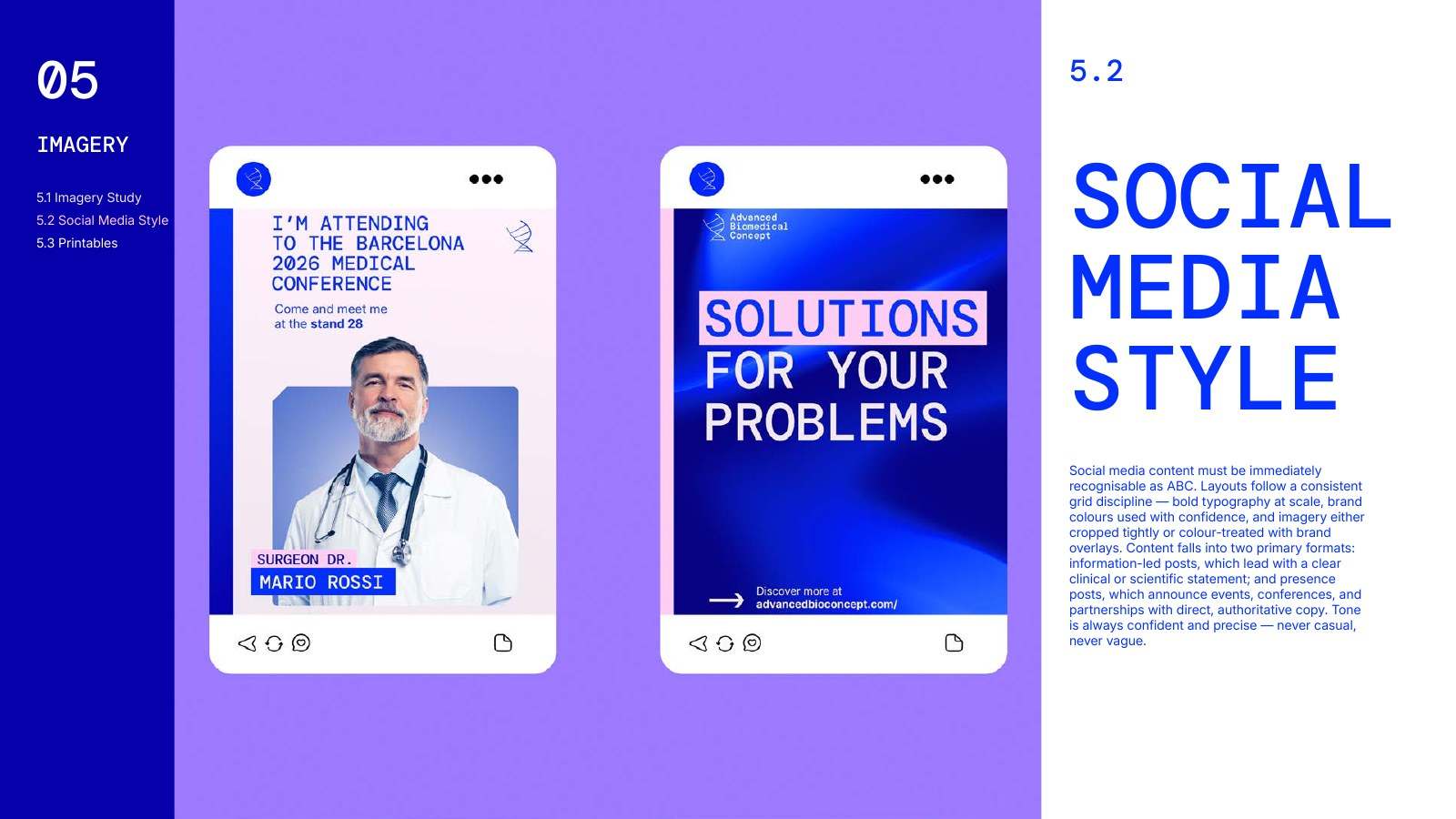 ABC social media style page with blue post layouts reading Solutions for your problems