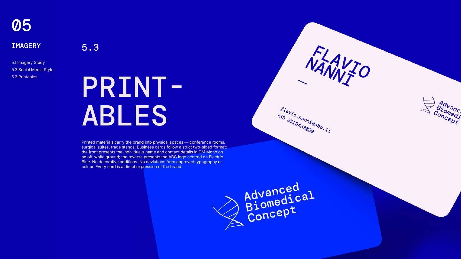 ABC business cards in off-white and electric blue