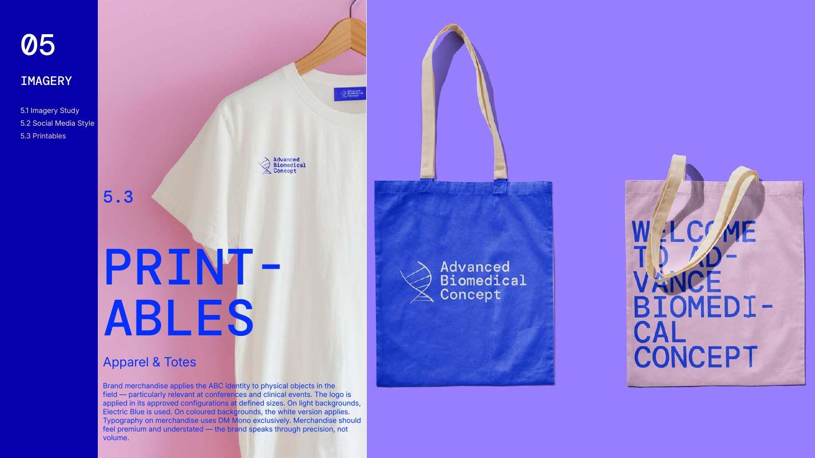 ABC branded t-shirt and tote bags on a violet background
