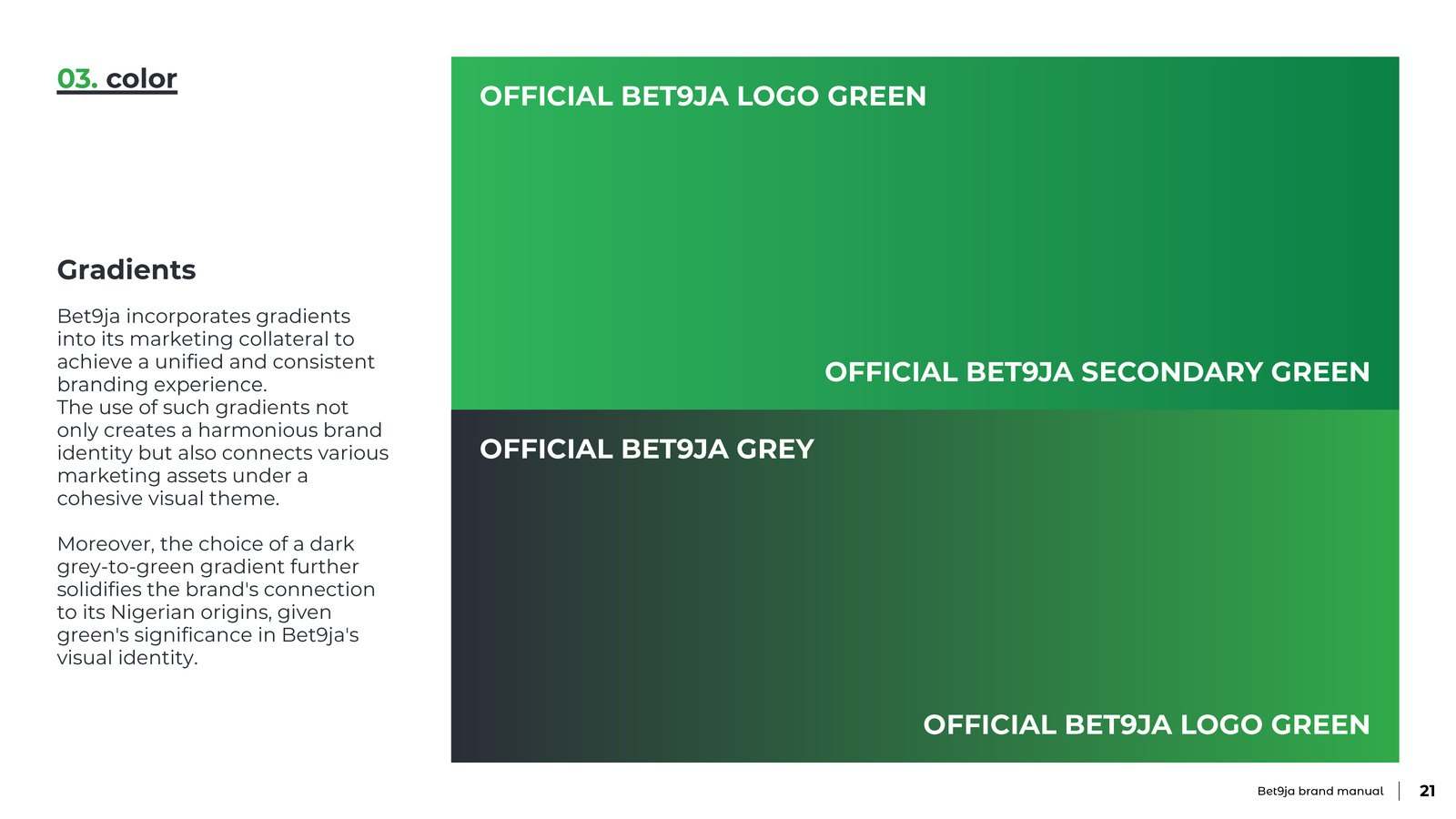 Brand manual page with the official Bet9ja logo green, secondary green and grey gradients