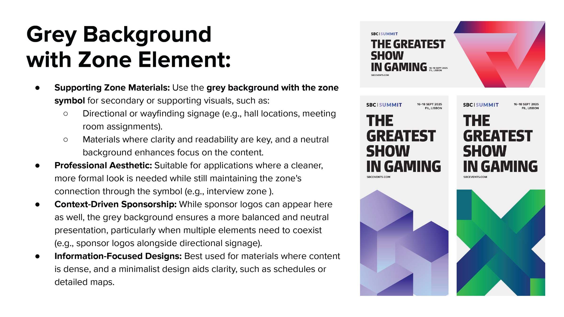 Guideline page showing grey background layouts carrying zone elements