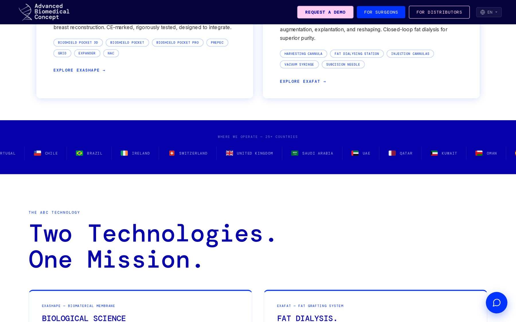 ABC homepage section reading Two Technologies. One Mission. above the two product lines