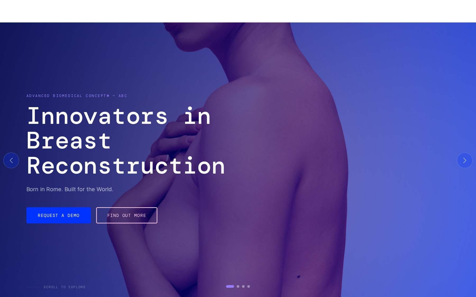 The ABC homepage, Innovators in Breast Reconstruction in white over a purple and blue gradient