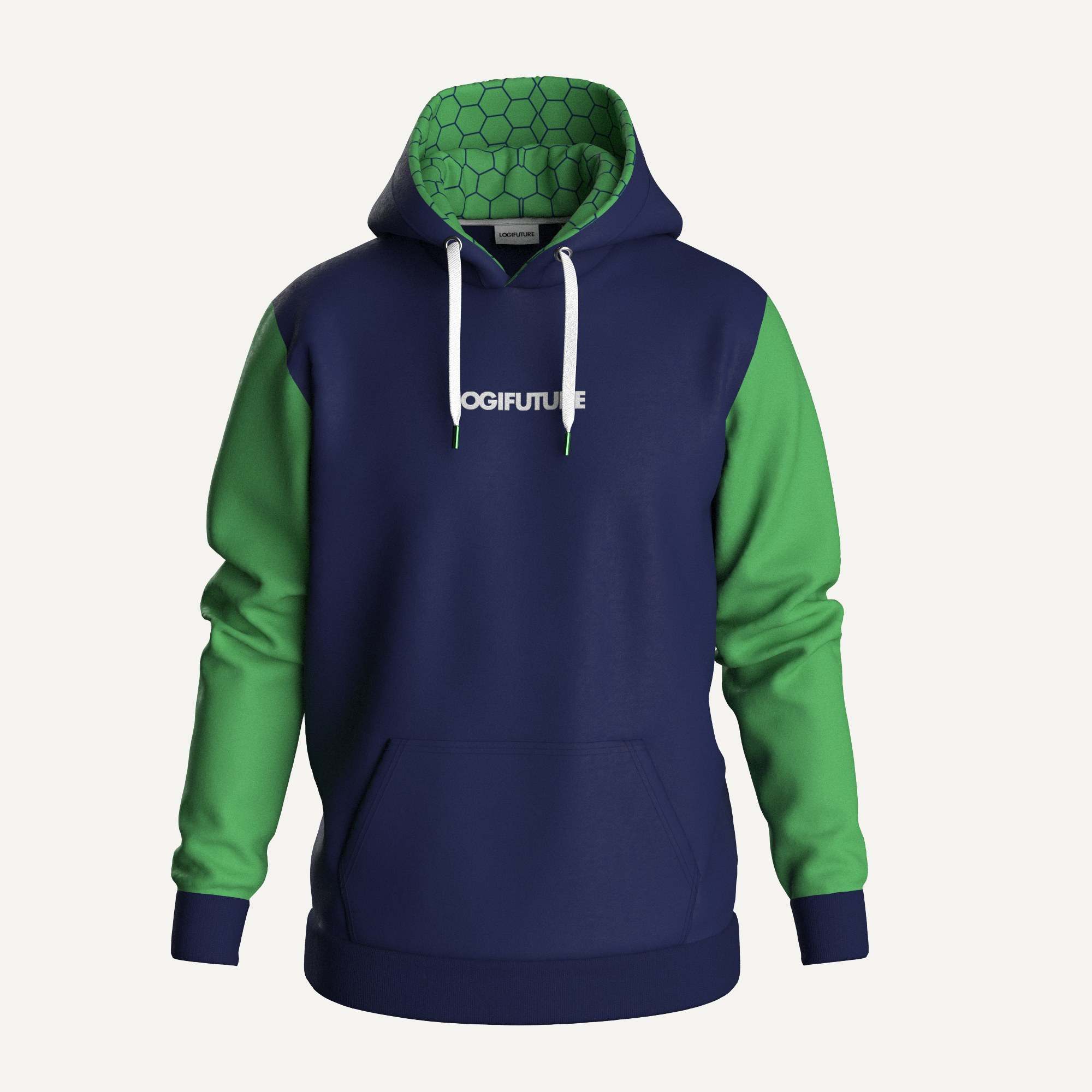 A navy Logifuture hoodie with neon-green sleeves
