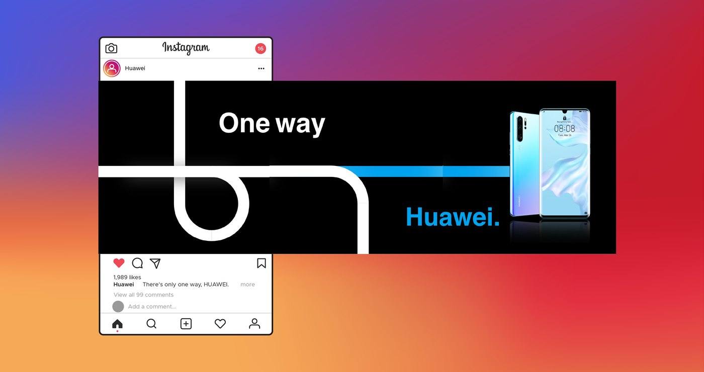 Spec Huawei ad: phone and One way path graphic on a sunset gradient