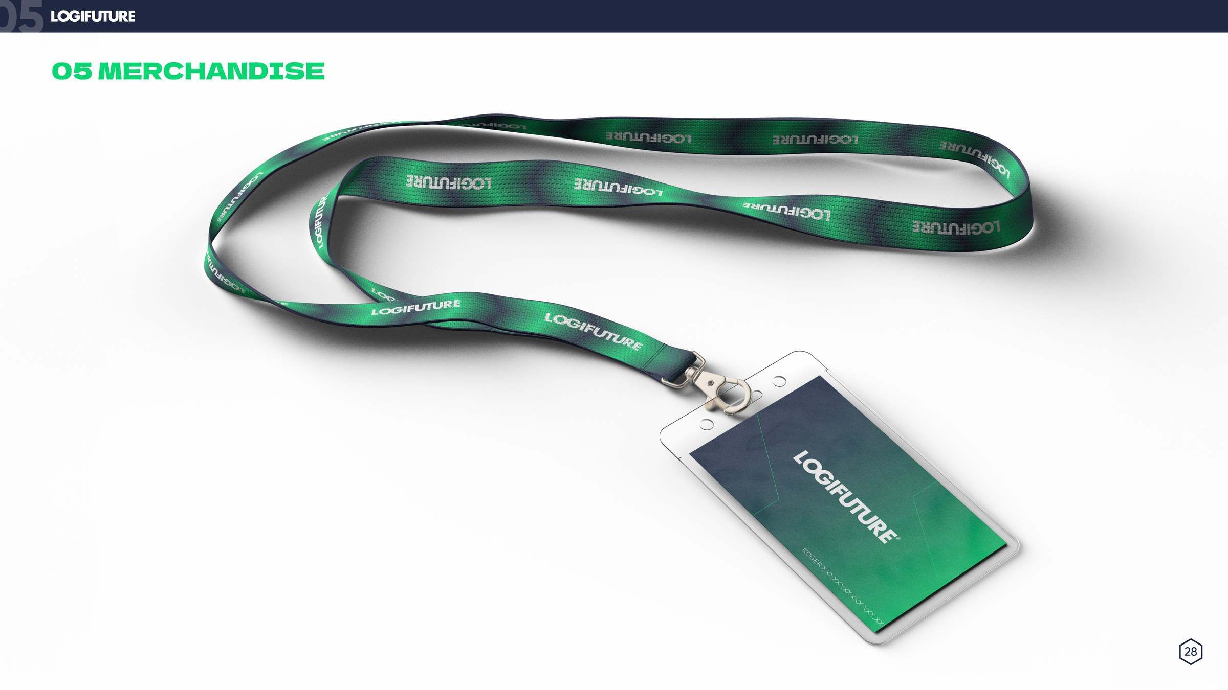 A Logifuture lanyard and ID badge with the green gradient