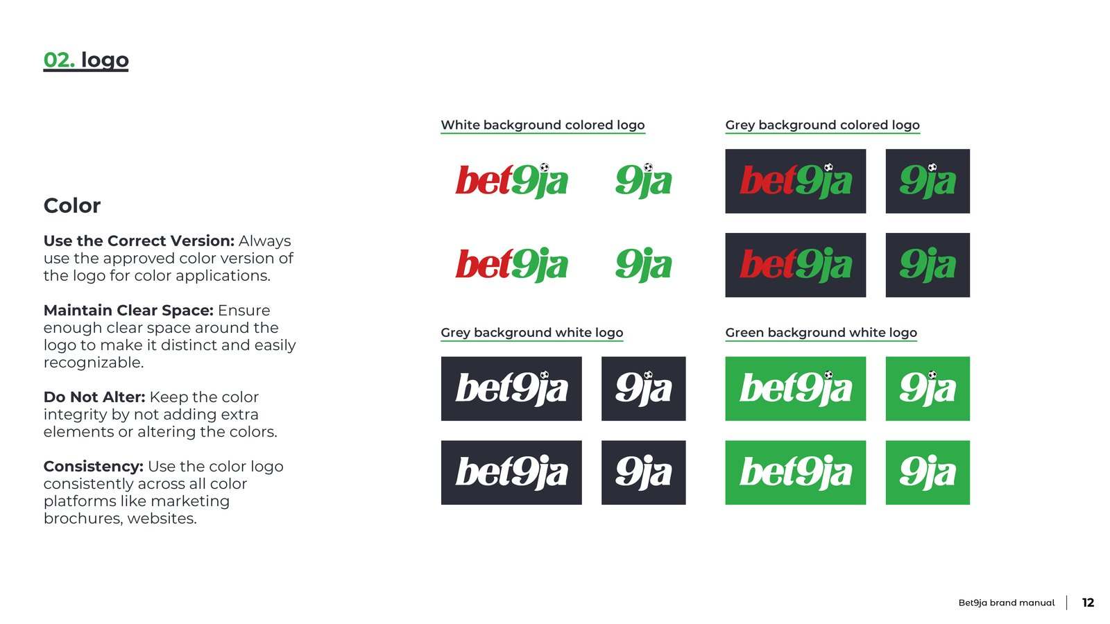 Brand manual page showing Bet9ja logo colour versions on white, black and green