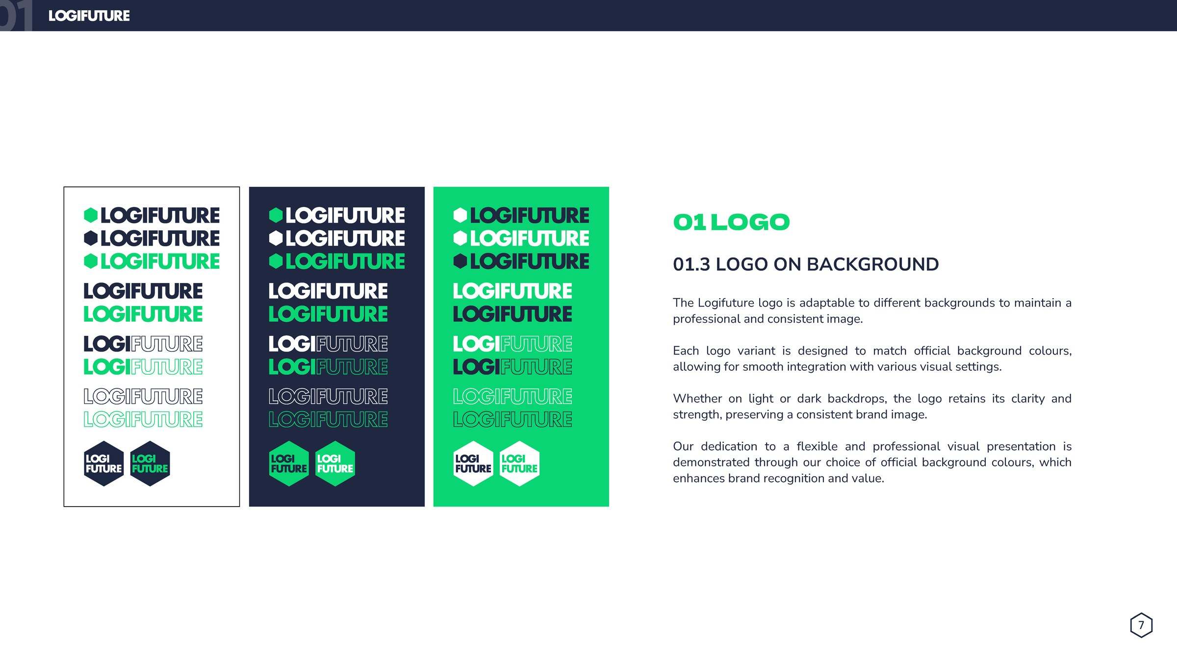 Brand manual page with Logifuture logo lockups on navy, green and white backgrounds