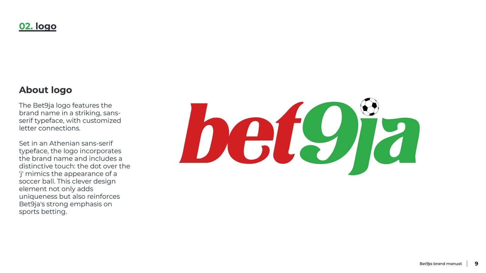 Brand manual page showing the red and green Bet9ja wordmark with the 9 as its centre