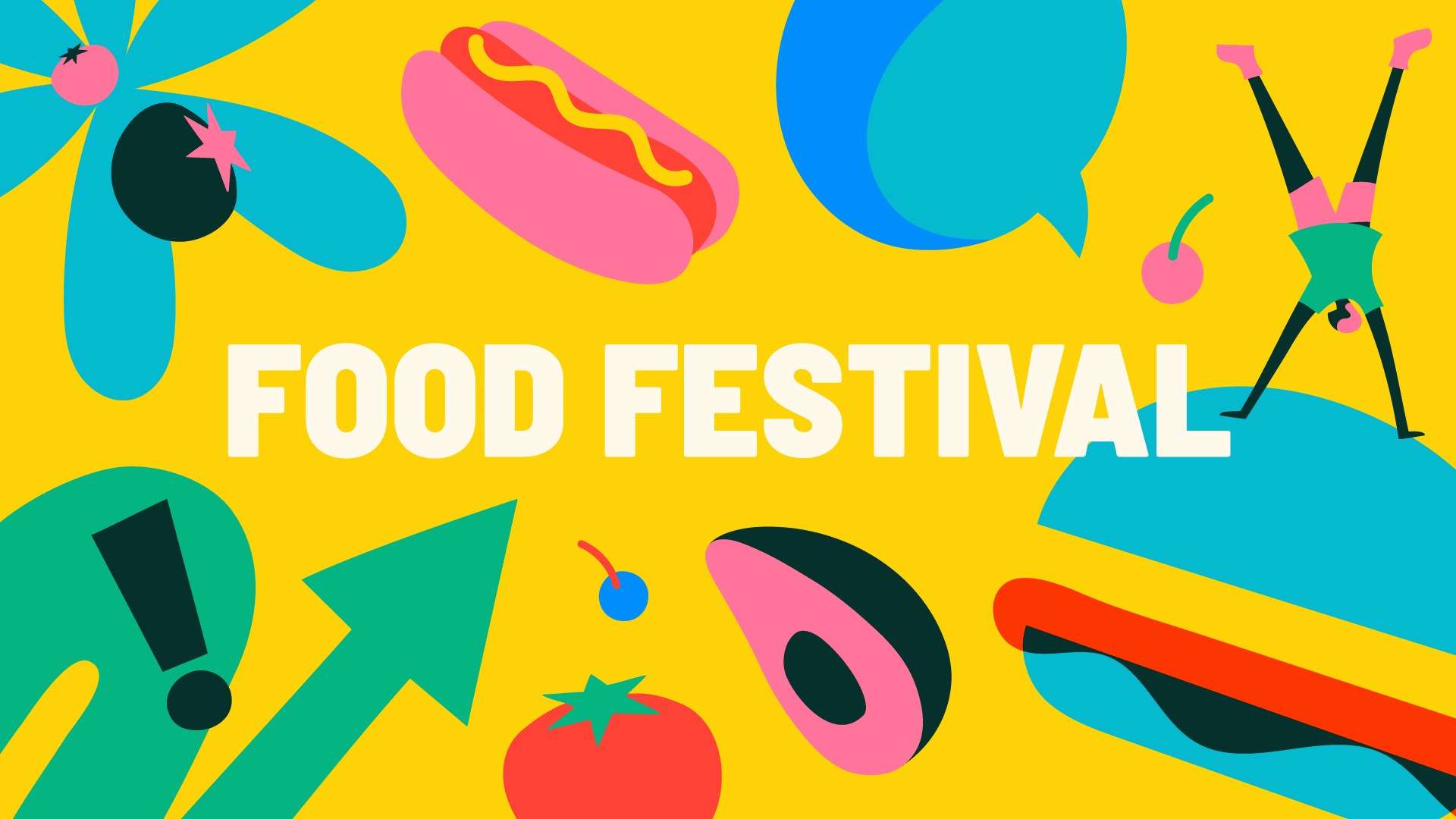 Colourful food festival illustration with a hot dog, fruit and confetti shapes