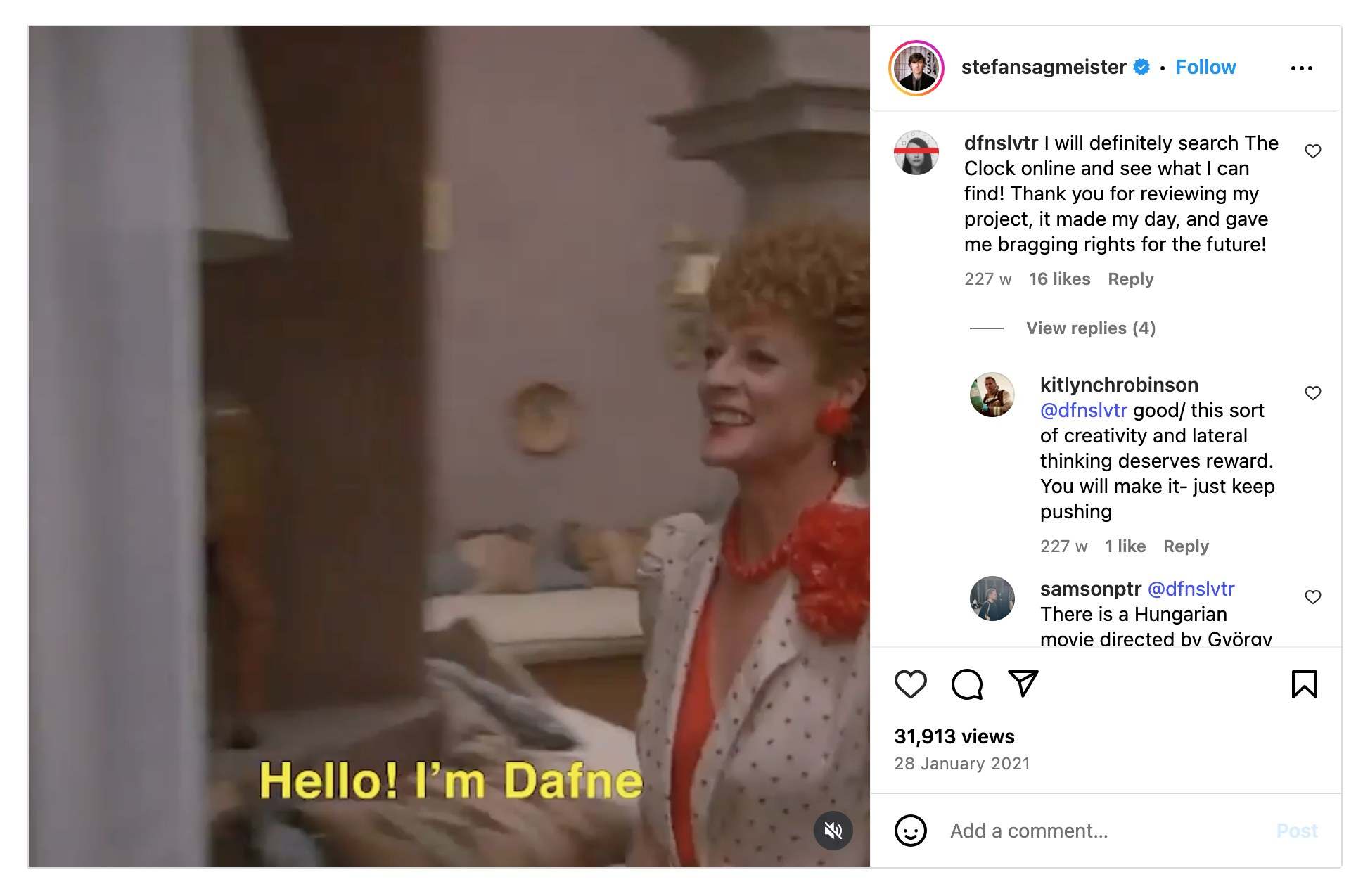 Screenshot of the video reposted on Stefan Sagmeister's Instagram