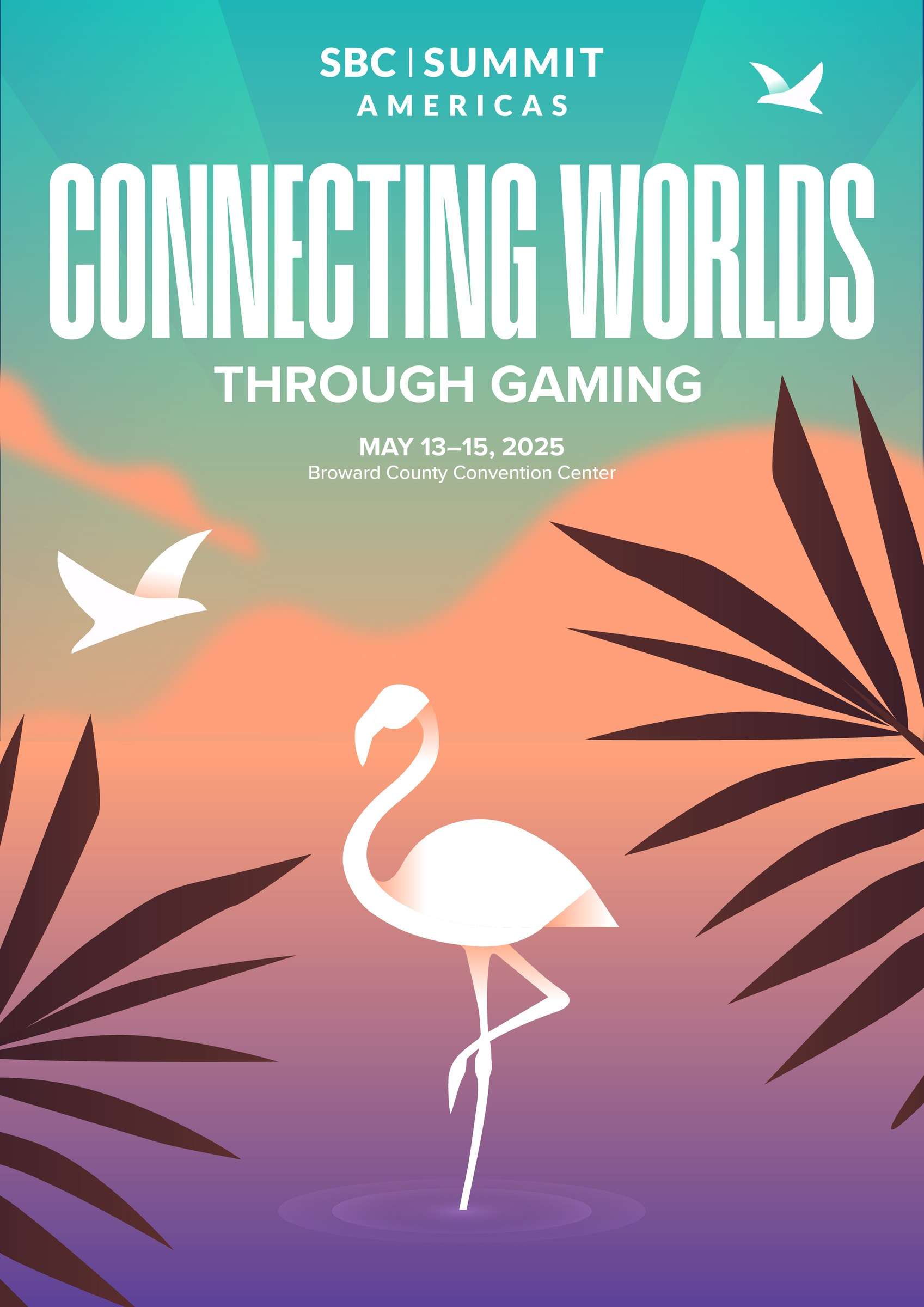 Poster reading Connecting Worlds Through Gaming with a pink flamingo on a coral background