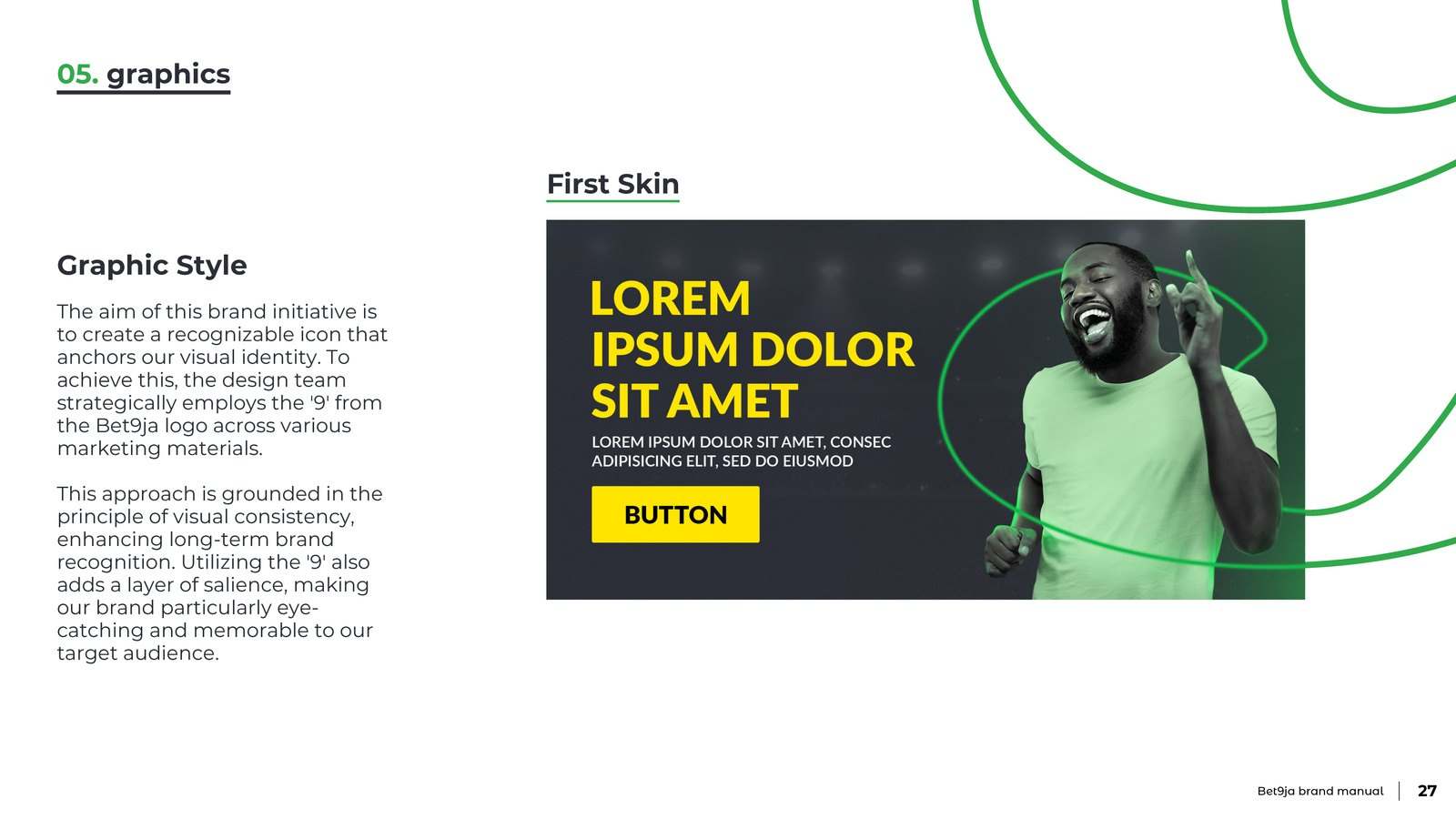 Brand manual page showing the first skin, a green banner with an athlete, a bold headline and a yellow button