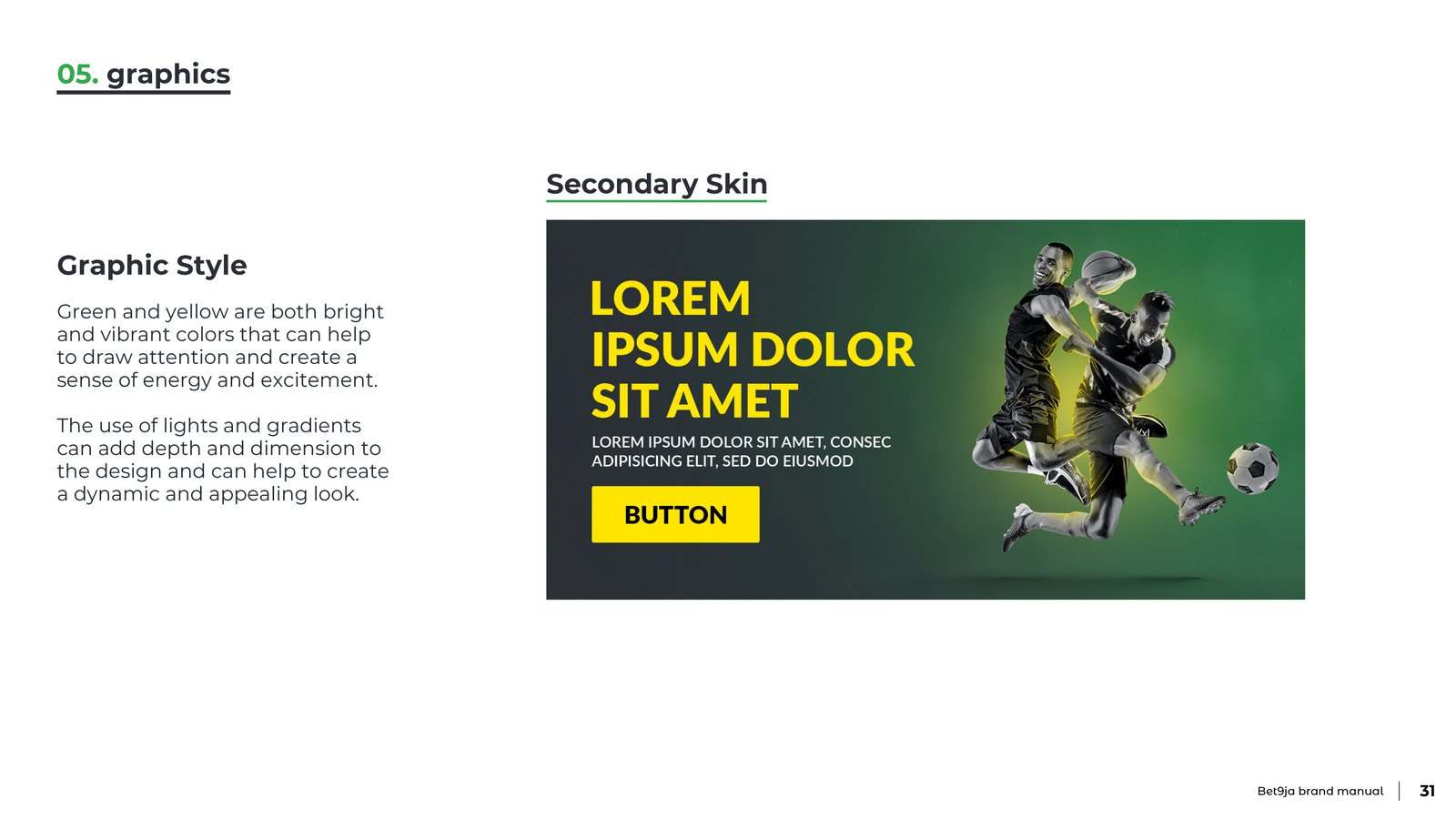 Brand manual page showing the secondary skin, a dark banner with a footballer and a yellow button