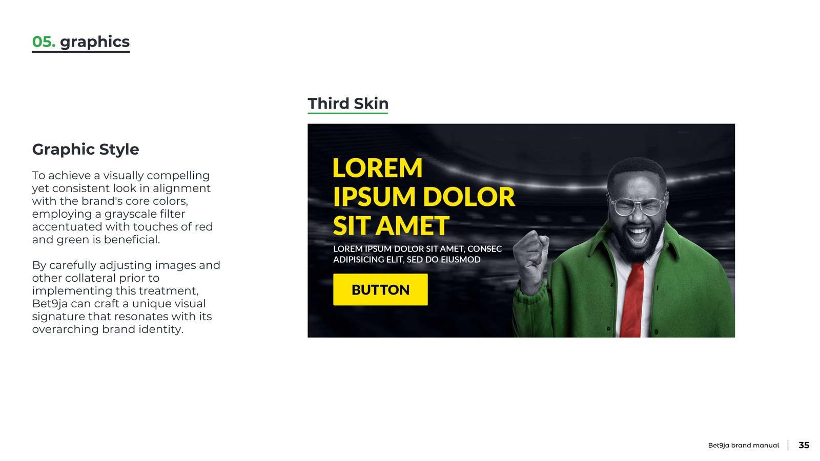 Brand manual page showing the third skin, a black banner with a smiling athlete