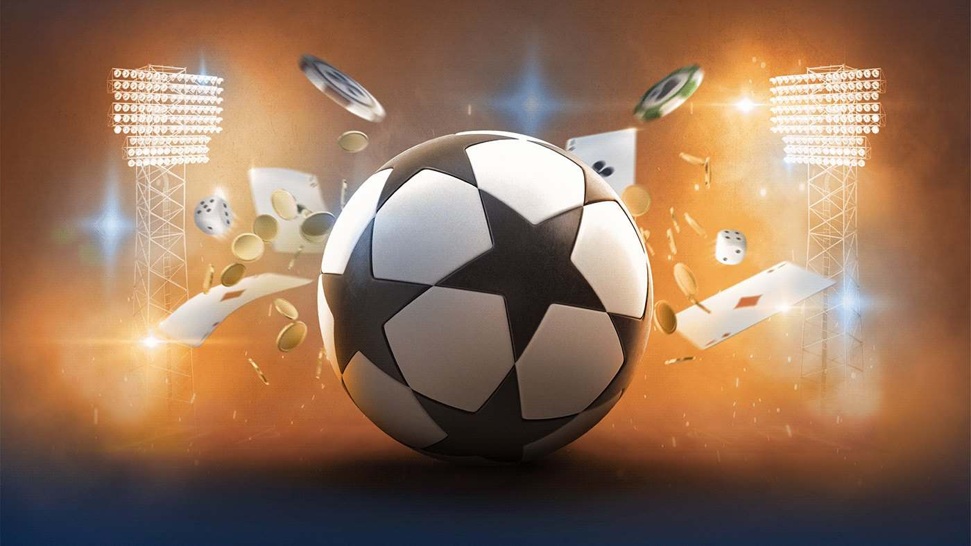 A football centre stage in a stadium with blue light streaks and floating cards