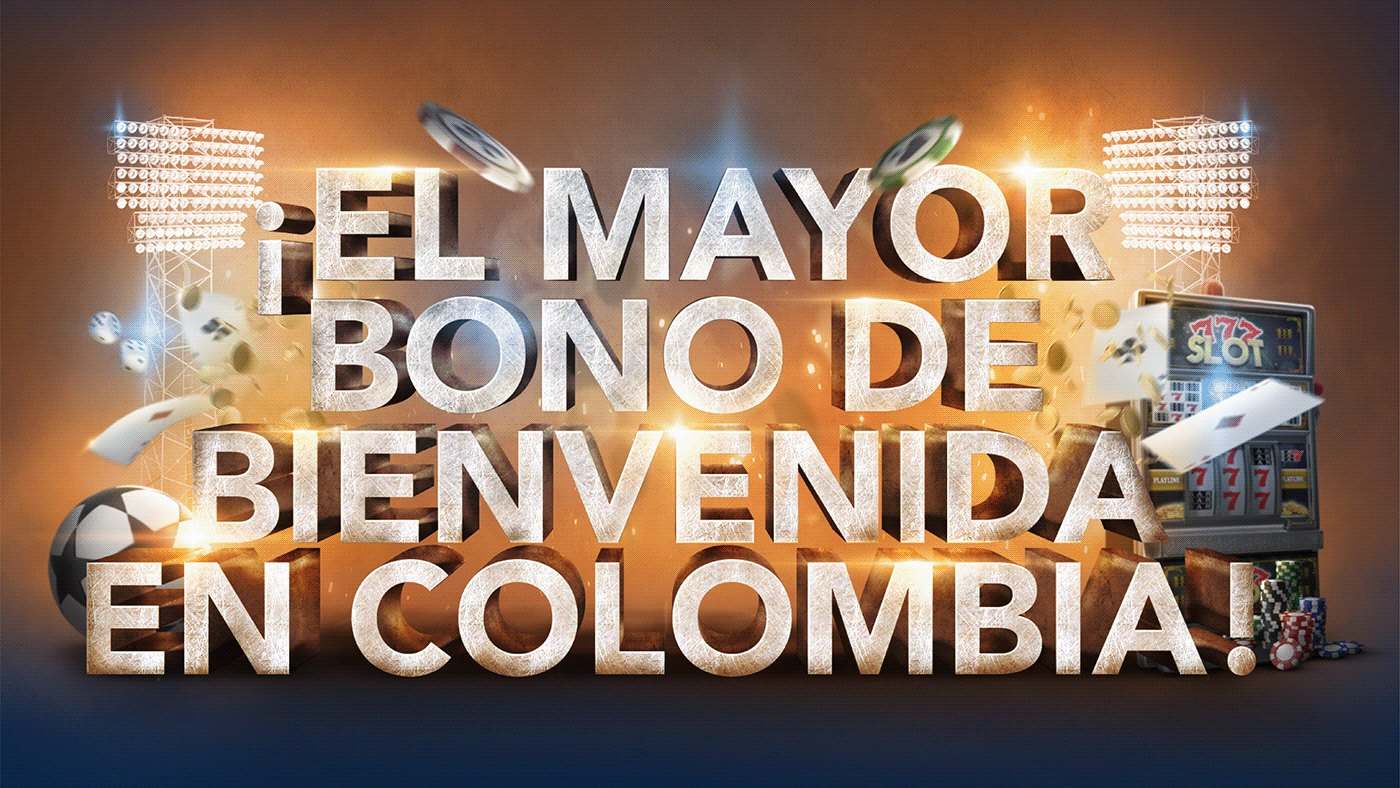 Banner reading El mayor bono de bienvenida en Colombia over a stadium