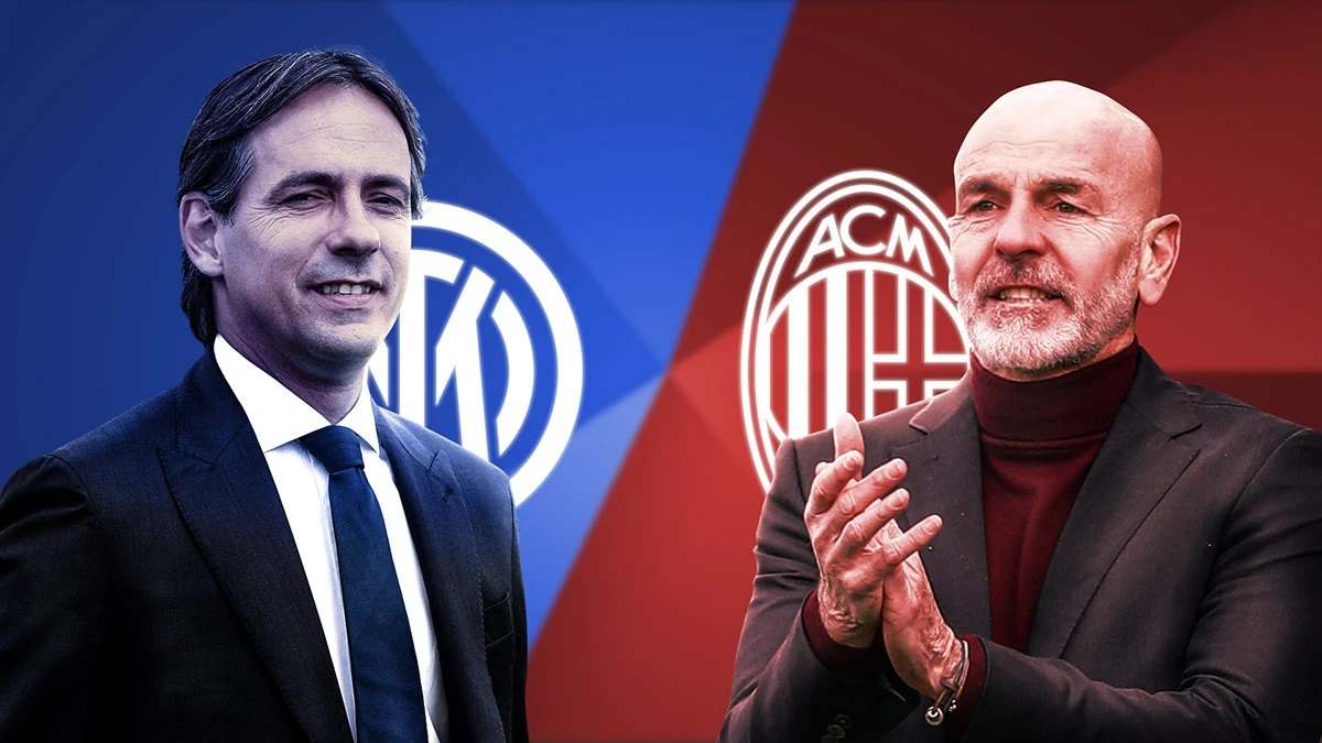 Derby graphic with the Inter and Milan coaches side by side on blue and red