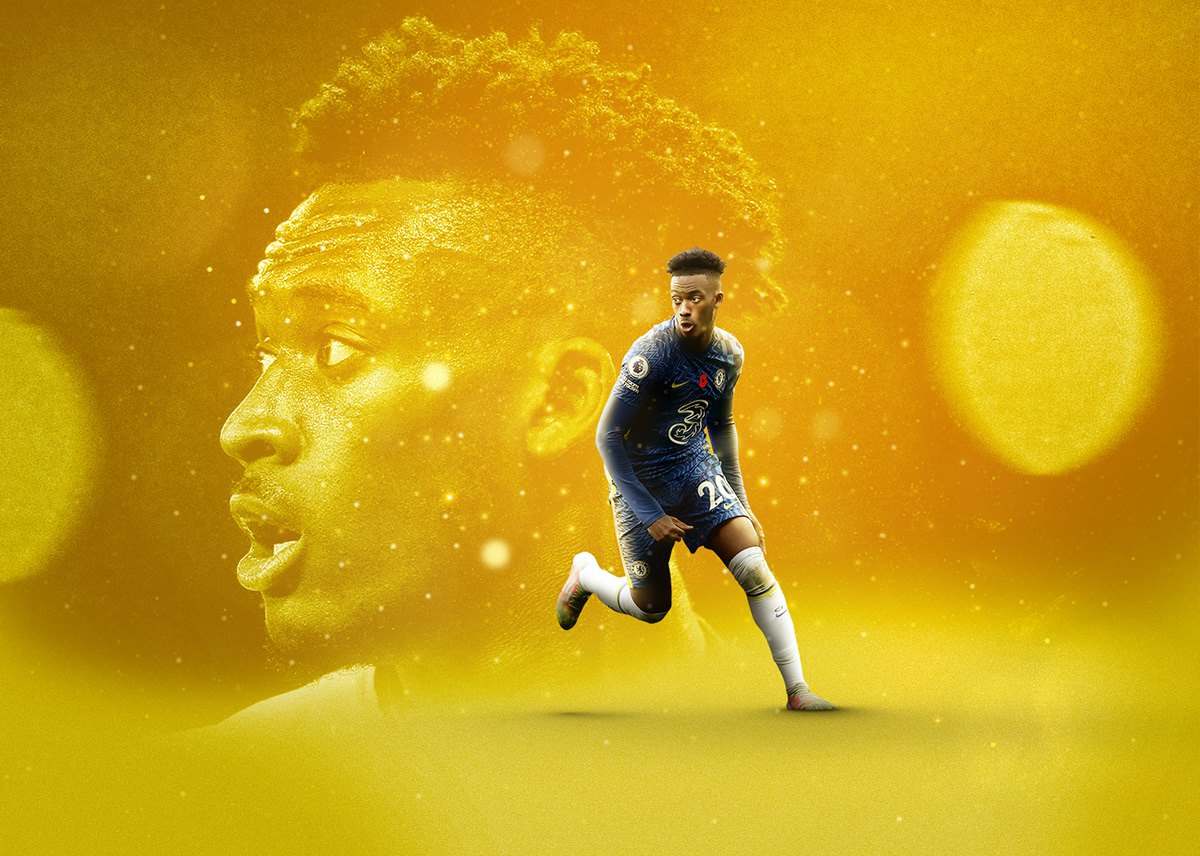 A footballer in action over a giant faded portrait of himself, bathed in golden light