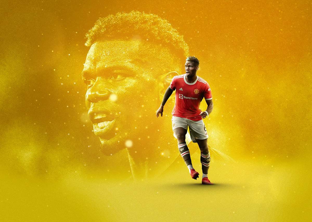 A footballer in a red kit in action over a large golden portrait of himself
