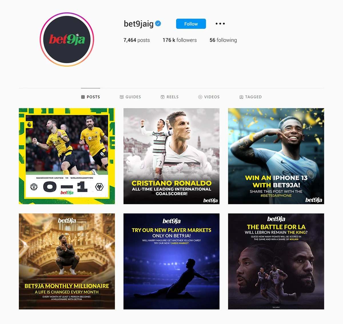Instagram profile grid of Bet9ja sports posts