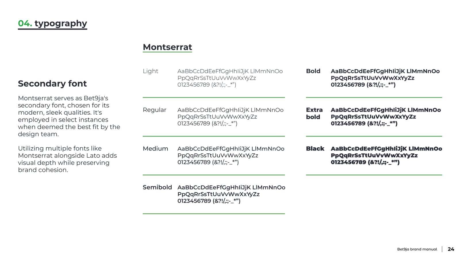 Brand manual page showing the Montserrat secondary typeface in several weights