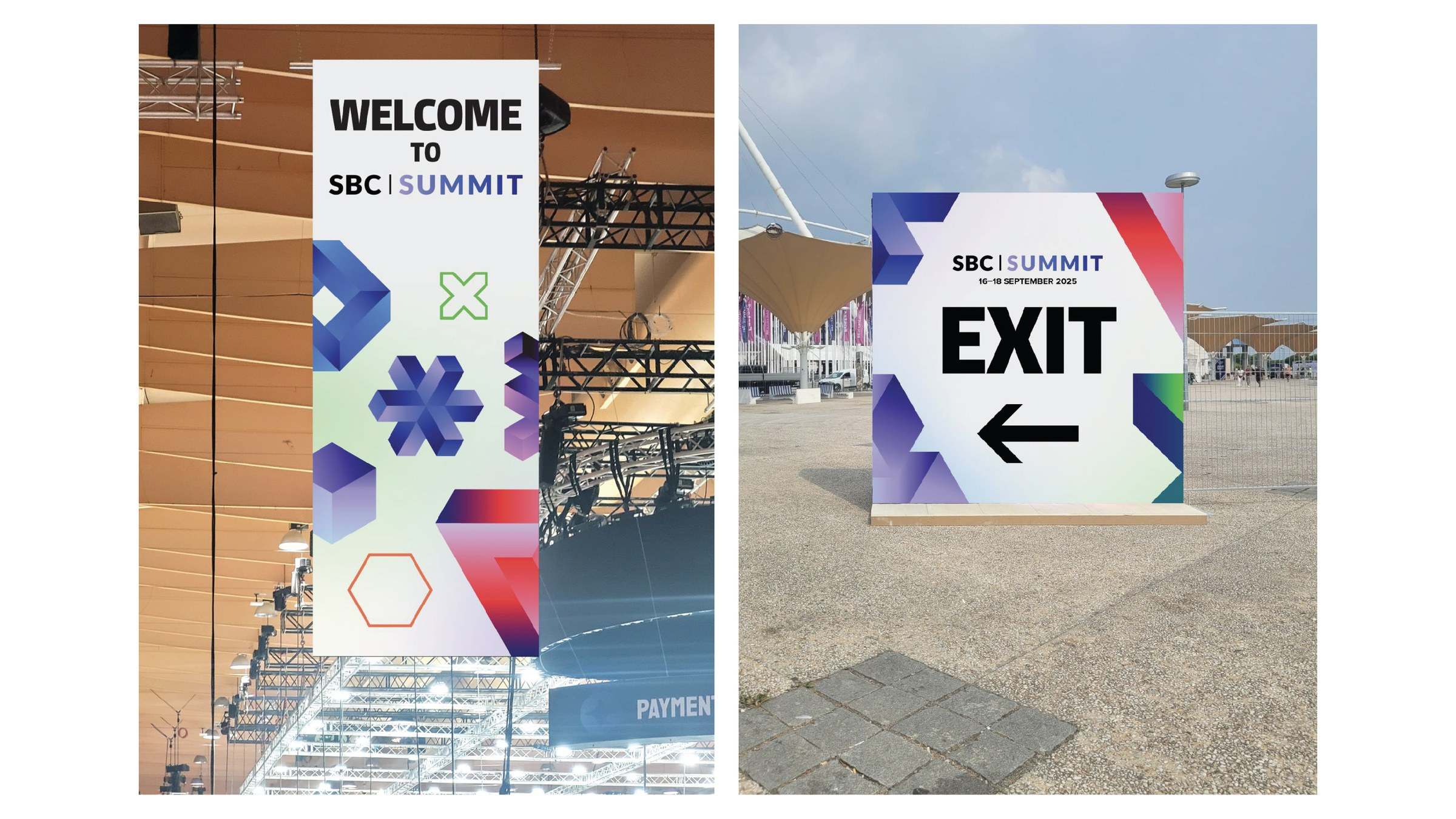 Welcome and exit signage inside the venue