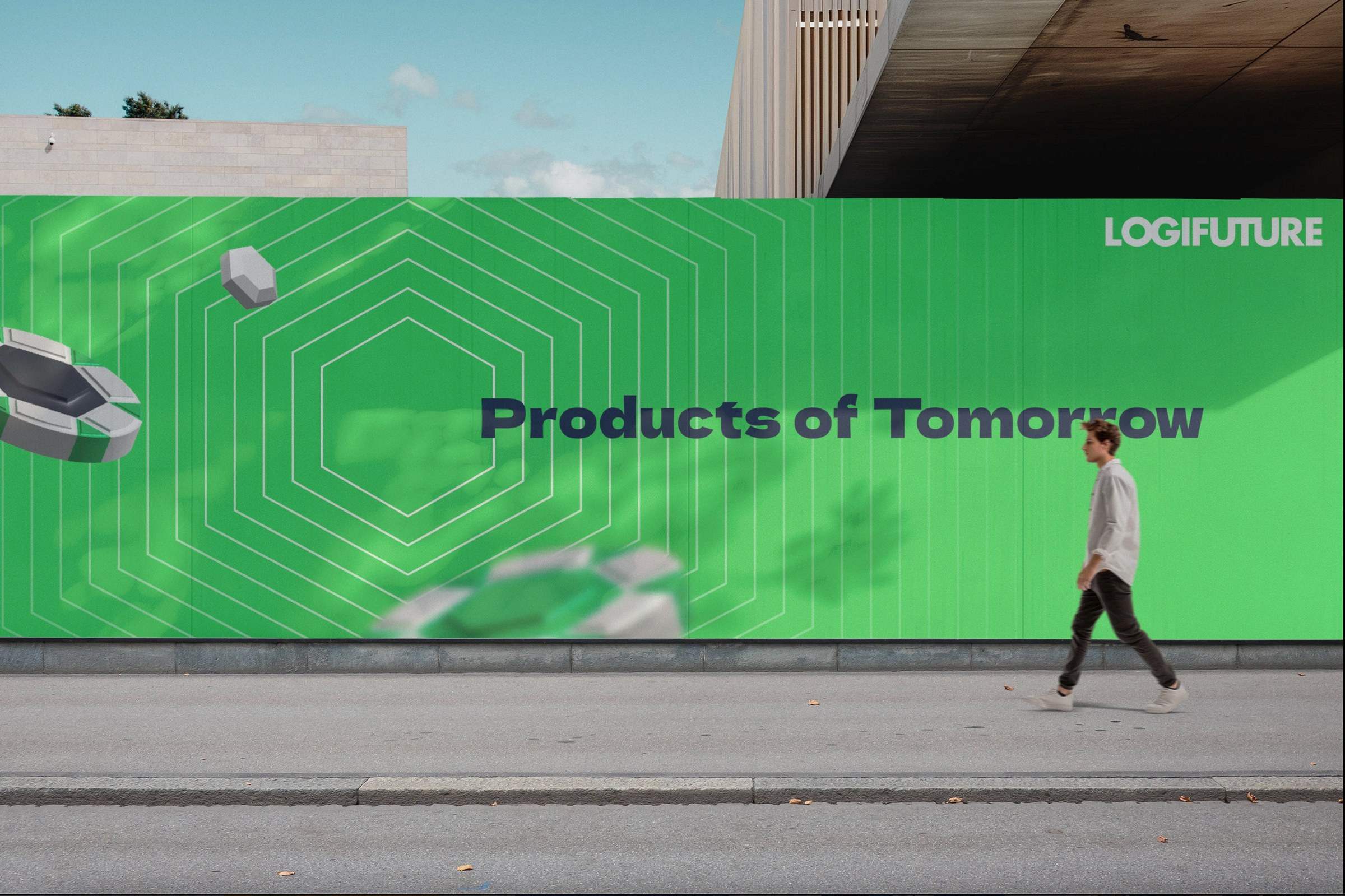 A neon-green Logifuture billboard reading Products of Tomorrow, with a person walking past
