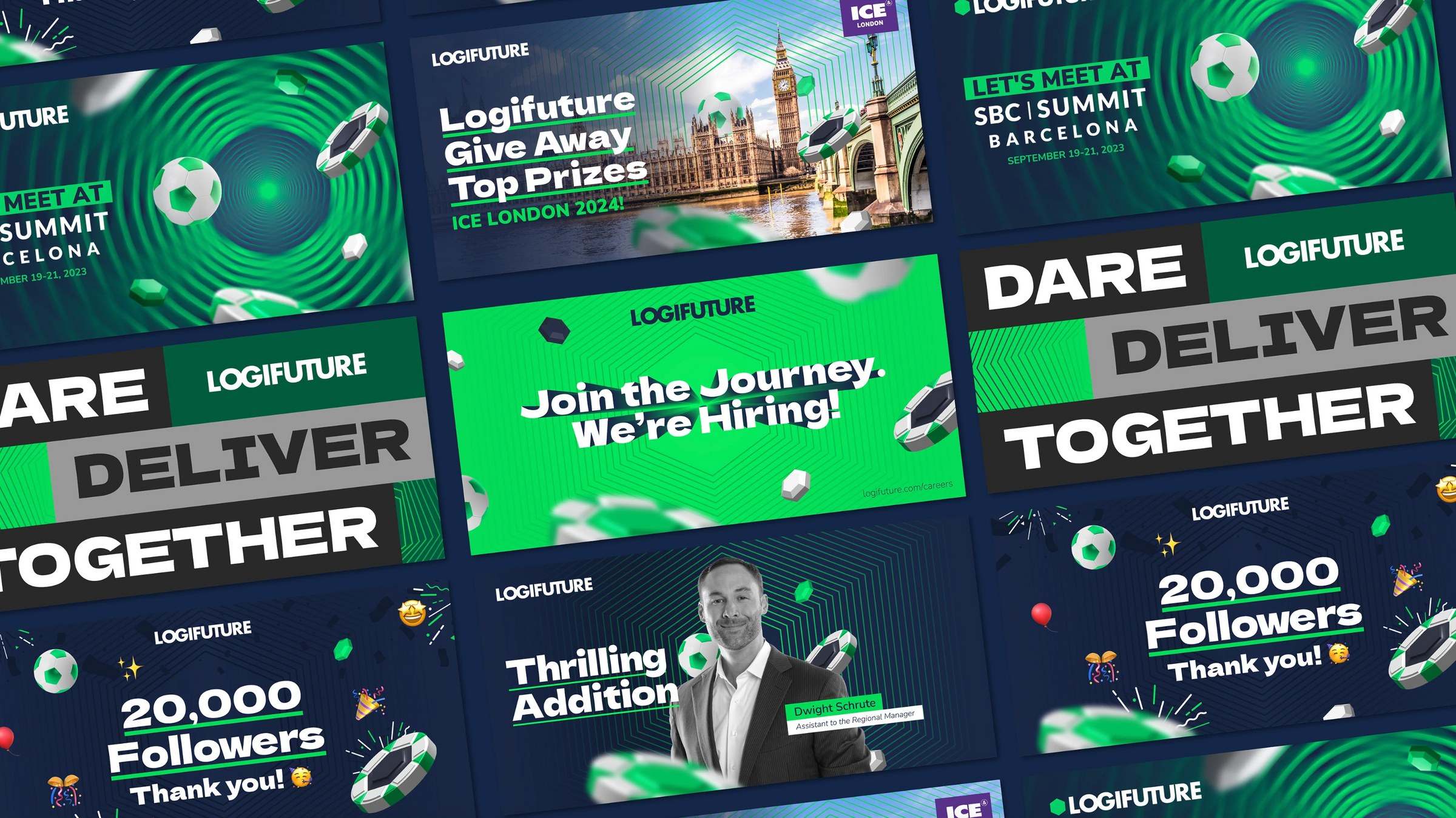 A grid of Logifuture social media posts in navy and neon green